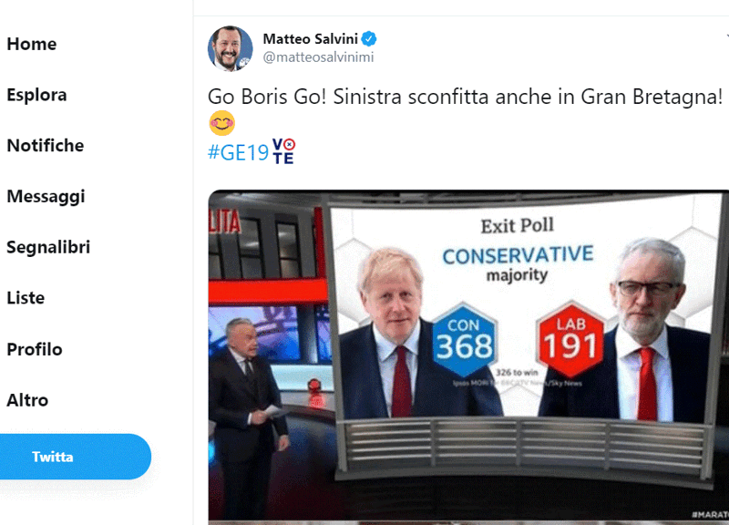 Elezioni UK 2019, Salvini: “Go Boris, Go”. Conte: “Con Johnson sarà Brexit” Elezioni UK 2019, Salvini: “Go Boris, Go”. Conte: “Con Johnson sarà Brexit”