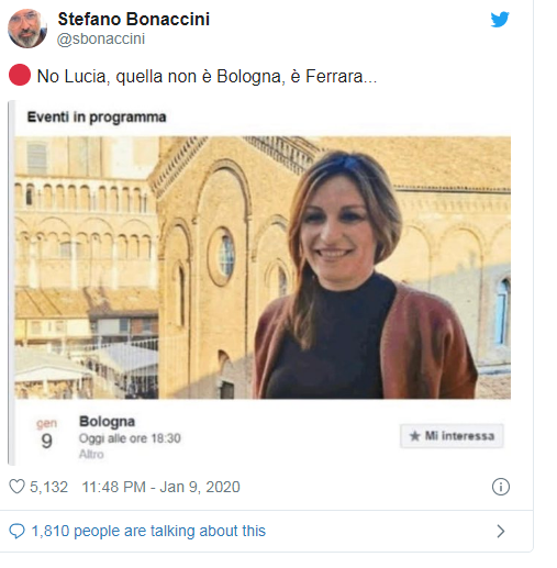 Bergonzoni: “Ci vediamo a Bologna” ma nella foto c’è Ferrara Bergonzoni: “Ci vediamo a Bologna” ma nella foto c’è Ferrara