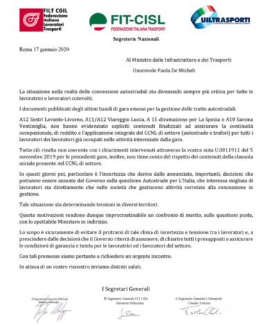 Autostrade, i sindacati scrivono a De Micheli: “Confronto urgente”. La lettera
