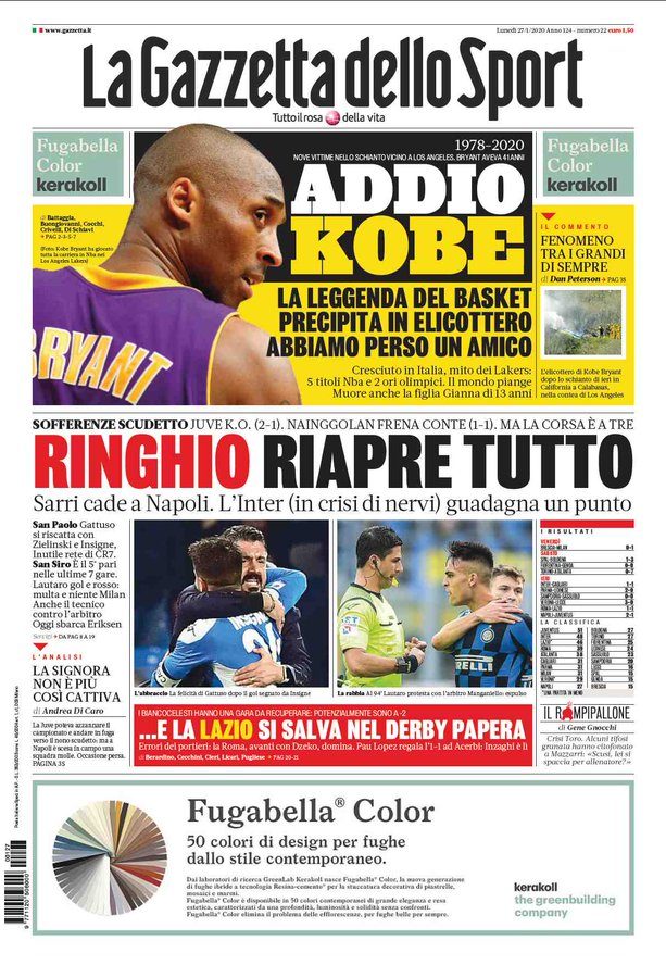 Morte Kobe Bryant, le reazioni dei giornali esteri alla tragedia