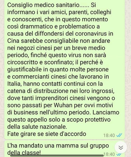 Coronavirus, non entrate nei negozi cinesi. Il messaggio psicosi delle mamme