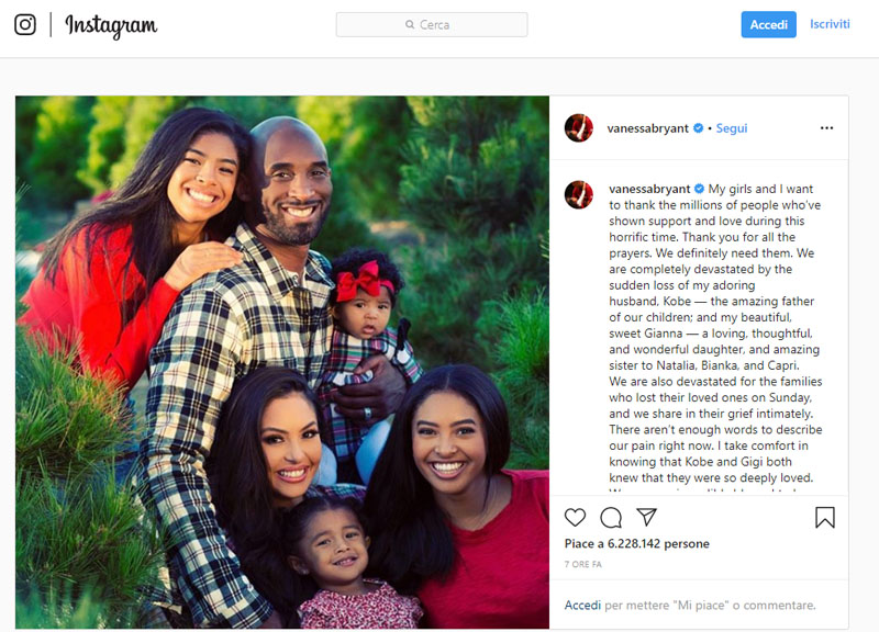 Kobe Bryant, la moglie Vanessa: “Devastati, pregate per noi”. I Lakers…