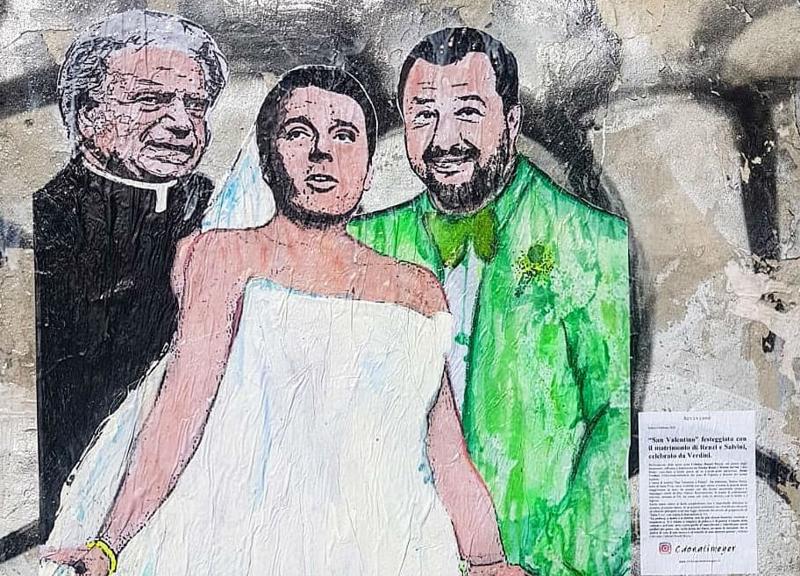 Street art, provocazione sui Navigli: murales ‘Salvini e Renzi oggi sposi’ Street art, provocazione sui Navigli: murales ‘Salvini e Renzi oggi sposi’