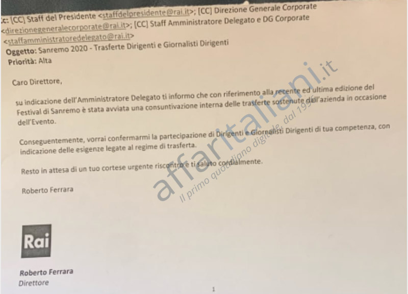 Rai, esclusiva Affari: inchiesta interna sui dirigenti in trasferta a Sanremo Rai, esclusiva Affari: inchiesta interna sui dirigenti in trasferta a Sanremo