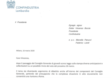 Confindustria Lombardia scrive a Boccia:no rinvio dell’elezione del presidente