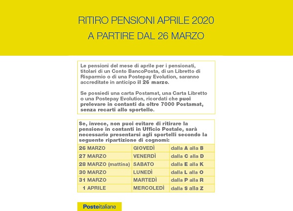 Coronavirus, Poste Italiane: le pensioni di aprile in pagamento dal 26 marzo Coronavirus, Poste Italiane: le pensioni di aprile in pagamento dal 26 marzo