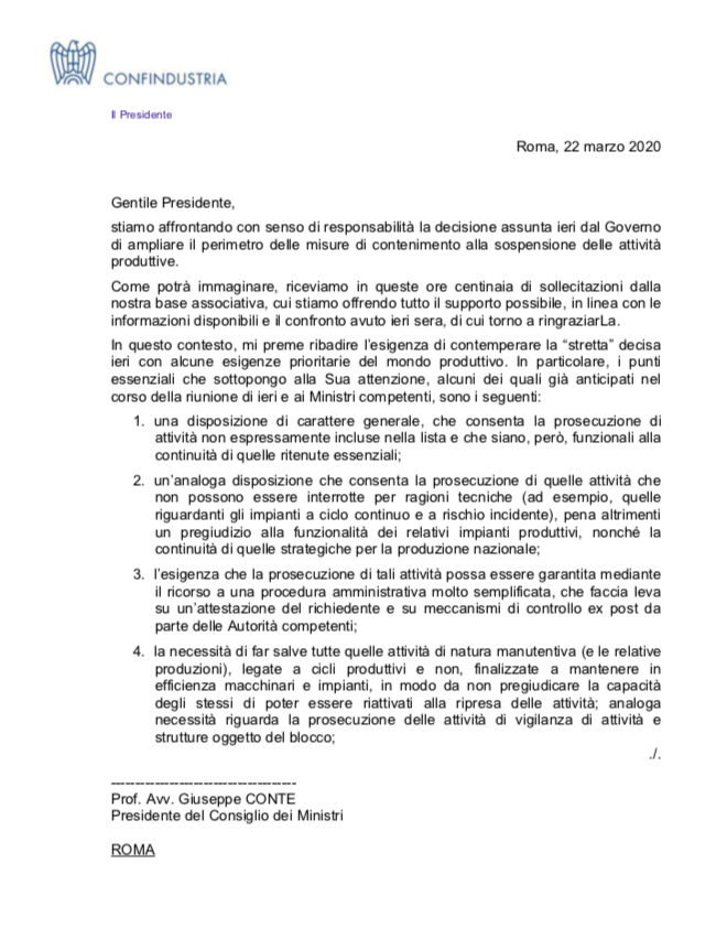 Coronavirus, quali aziende non devono chiudere: Boccia scrive a Conte