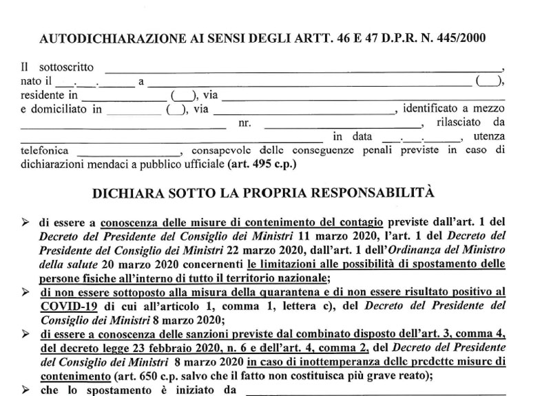 Galleria foto 'Coronavirus, autocertificazione per spostamenti: ecco il nuovo modulo' - foto 1
