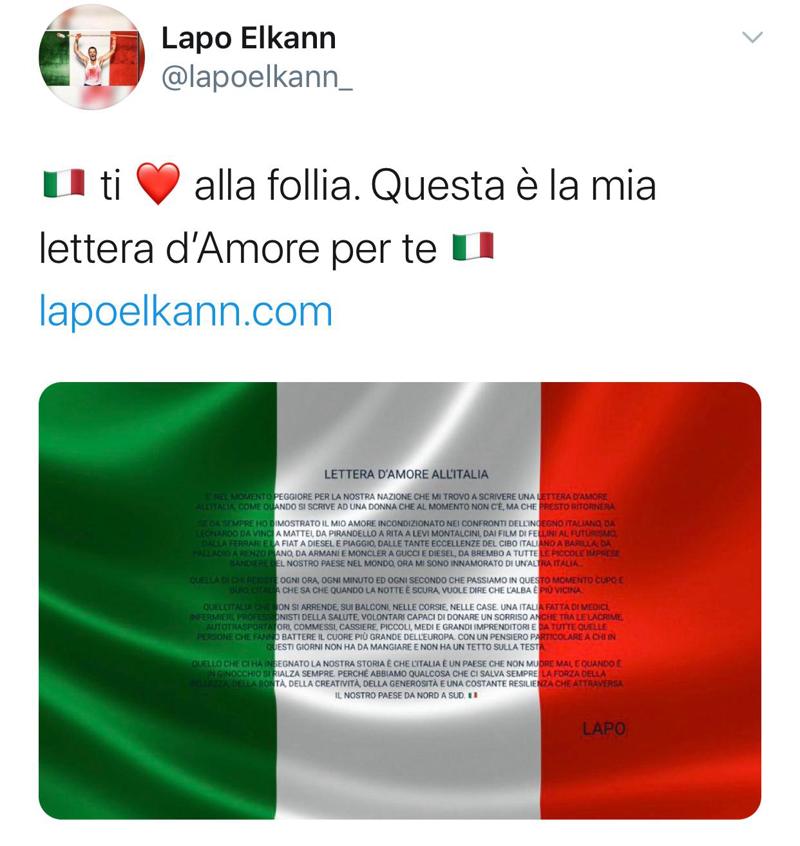Coronavirus, Lapo Elkann scrive all’Italia: una lettera d’amore alla nazione Coronavirus, Lapo Elkann scrive all’Italia: una lettera d’amore alla nazione