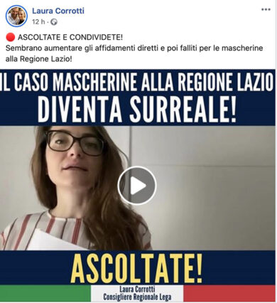 Laura Corrotti, Lega: Zingaretti altra fregatura, mascherine per 3 mln mai arrivate