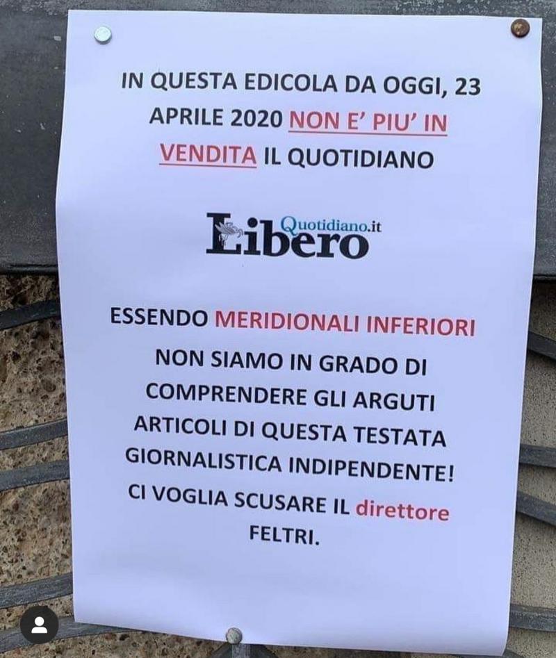 Sud, gli edicolanti insorgono contro Feltri: “Non venderemo più Libero” Sud, gli edicolanti insorgono contro Feltri: “Non venderemo più Libero”