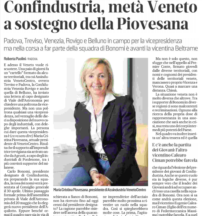 Confindustria, Veneto piazza 2 vice: anche Piovesana nella squadra di Bonomi