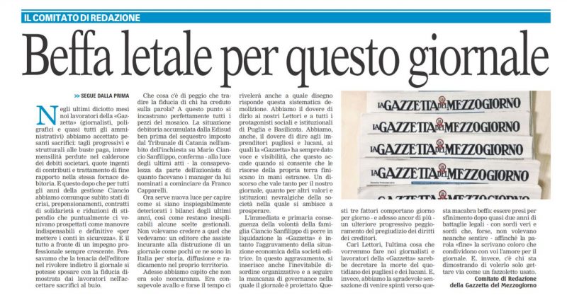 Gazzetta del Mezzogiorno, il Cdr: l’editore Ciancio vuole mettere in liquidazione la società Gazzetta del Mezzogiorno, il Cdr: l’editore Ciancio vuole mettere in liquidazione la società