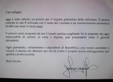 Molinari prova a far scordare Verdelli:600 euro al giornalista della settimana