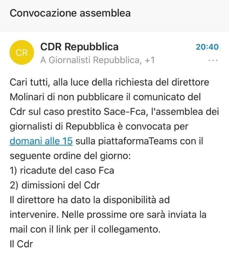 Galleria foto 'Repubblica, redazione in rivolta: Molinari blocca il comunicato del Cdr su Fca' - foto 1