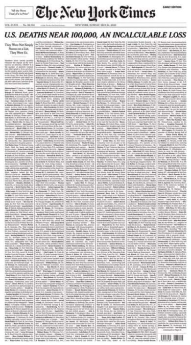 New York Times, in prima pagina l’elenco con i nomi delle vittime