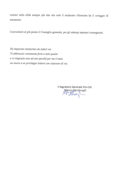 Cisl, terremoto ai vertici Fim. Bentivogli verso un altro “reparto”.La lettera