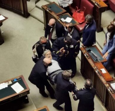 Vittorio Sgarbi Camera:portato via di peso. Bagarre sul decreto Carceri. VIDEO