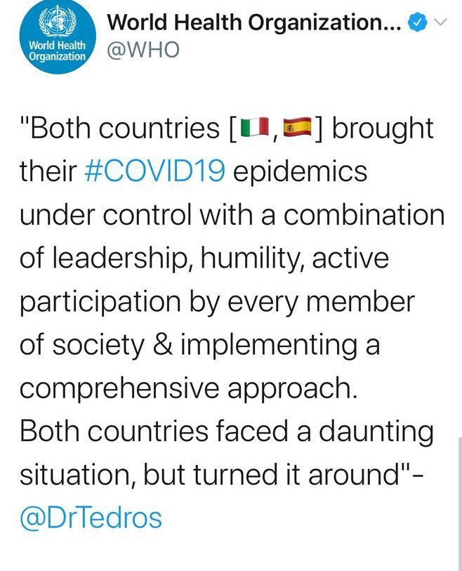 Oms: “Italia e Spagna esempio di come ribaltare una situazione scoraggiante” Oms: “Italia e Spagna esempio di come ribaltare una situazione scoraggiante”