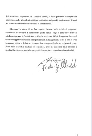 Aspi, De Micheli pressing su Conte a marzo. La lettera integrale