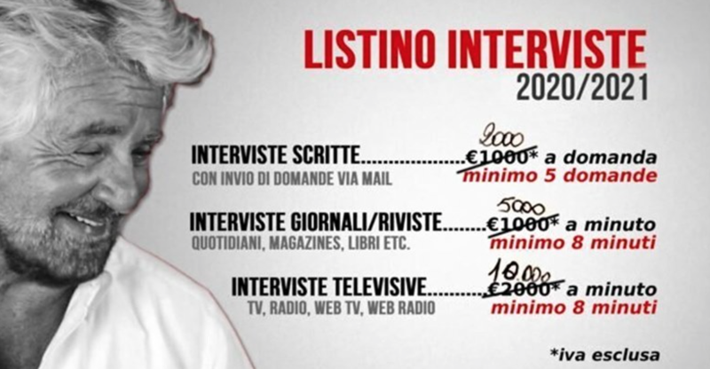 Beppe Grillo, listino rincarato per le interviste. Con mascherina? Sconto 10% Beppe Grillo, listino rincarato per le interviste. Con mascherina? Sconto 10%
