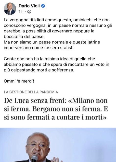 De Luca: “Milano si ferma a contare i morti”. Violi: “Vergogna! Omm’ ‘e merd'” De Luca: “Milano si ferma a contare i morti”. Violi: “Vergogna! Omm’ ‘e merd'”