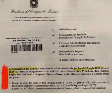 Bari,Boccia in Conferenza Stato-Regioni. D’Attis (FI):”Marchette pro-Emiliano”