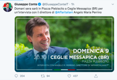 Giuseppe Conte scende in Piazza. L’annuncio del premier su Twitter