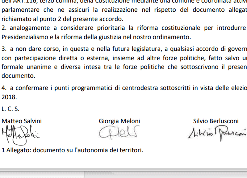 Centrodestra, esclusiva Affaritaliani. Le firme di Salvini, Meloni, Berlusconi Centrodestra, esclusiva Affaritaliani. Le firme di Salvini, Meloni, Berlusconi