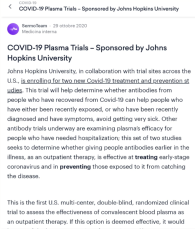 Covid, altro che vaccini. Test di massa alla Johns Hopkins sulla plasmaterapia