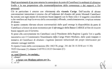 Atlantia, Castellucci chiamò Modiano e Toti: salvataggio Carige anti-revoca