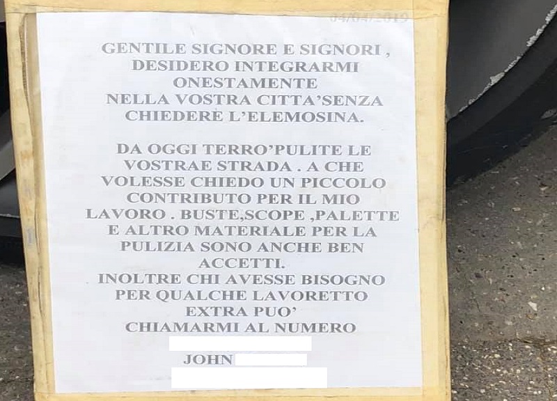 “Non chiedo l’elemosina, ma contributi per pulire le vostre strade” “Non chiedo l’elemosina, ma contributi per pulire le vostre strade”