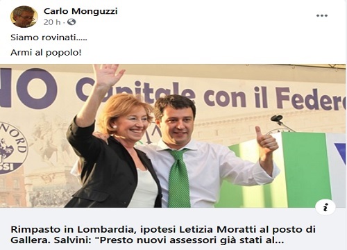 Moratti in Regione, Monguzzi (Pd): “Armi al popolo”. Bufera per il post Moratti in Regione, Monguzzi (Pd): “Armi al popolo”. Bufera per il post