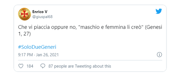 Twitter: guerra tra gli utenti per l’hashtag #SoloDueGeneri Twitter: guerra tra gli utenti per l’hashtag #SoloDueGeneri