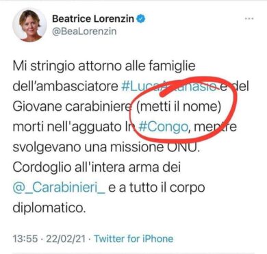 Ambasciatore morto, gaffe della Lorenzin nel tweet di cordoglio: “Metti nome”