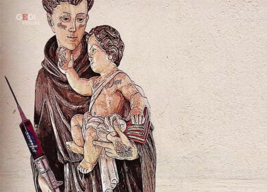 Sant’Antonio col vaccino già danneggiato.Subito sfregiato il “Banksy italiano”
