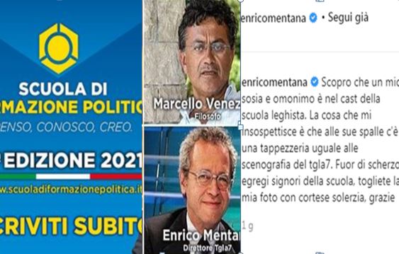 Scuola Lega, locandina con Mentana. Lui si arrabbia: “Togliete la mia foto” Scuola Lega, locandina con Mentana. Lui si arrabbia: “Togliete la mia foto”
