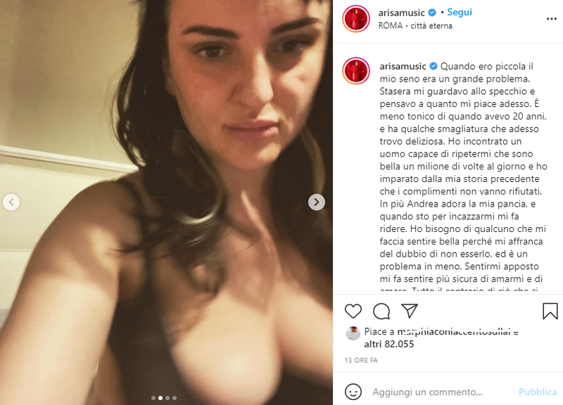 Arisa mostra il seno: “Ora mi piace anche grazie a chi mi fa sentire bella”