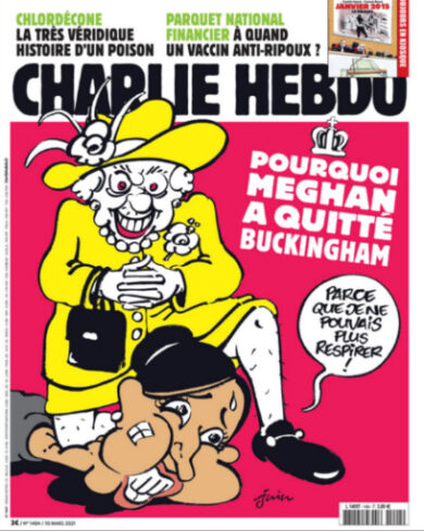 Regina Elisabetta soffoca Meghan Markle come Floyd: provocazione Charlie Hebdo