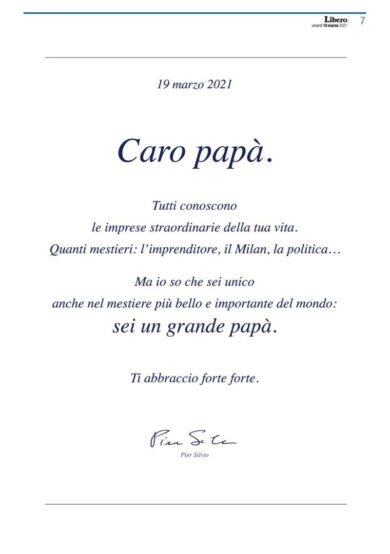Berlusconi e la pagina di auguri dedicata da Pier Silvio: “Sei un grande papà”