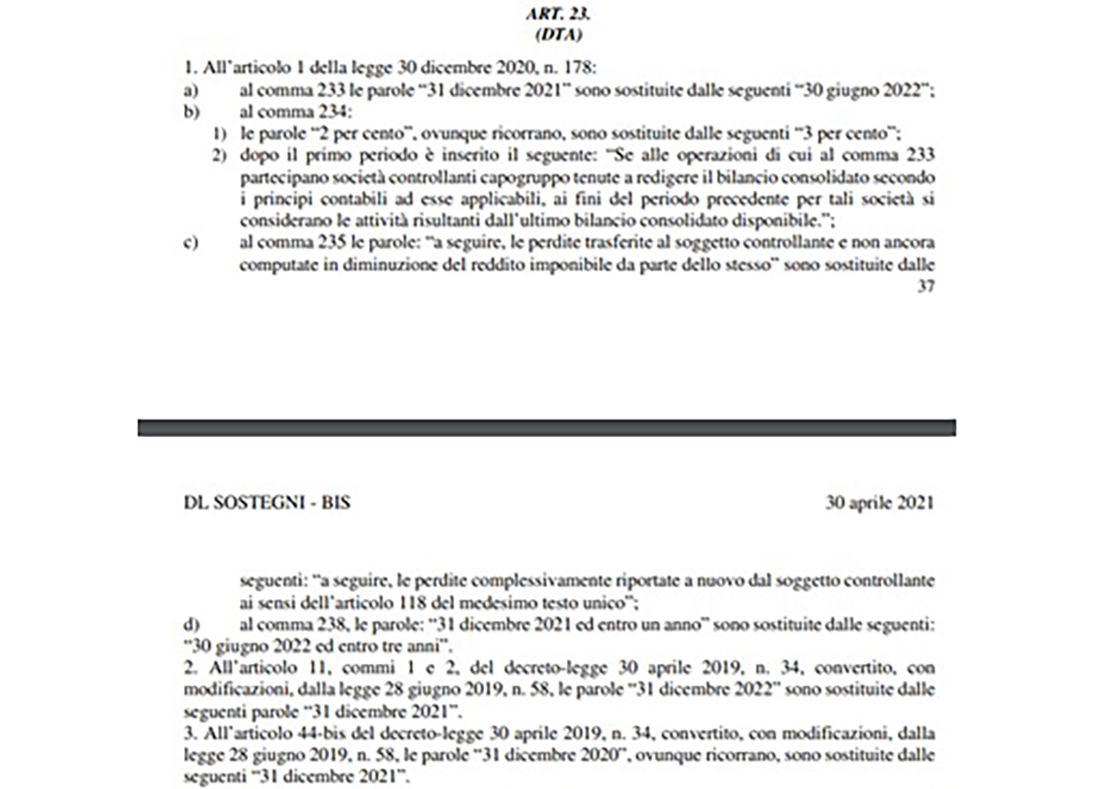 Sostegni-bis, niente modifiche alle Dta. Concesso solo più tempo alle banche