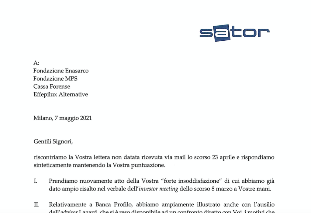 Sator, i bankers replicano ai quotisti: no ad attacchi pretestuosi su Profilo Sator, i bankers replicano ai quotisti: no ad attacchi pretestuosi su Profilo