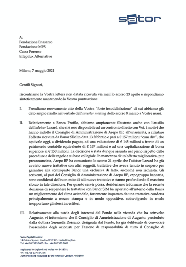 Sator, i bankers replicano ai quotisti: no ad attacchi pretestuosi su Profilo Sator, i bankers replicano ai quotisti: no ad attacchi pretestuosi su Profilo