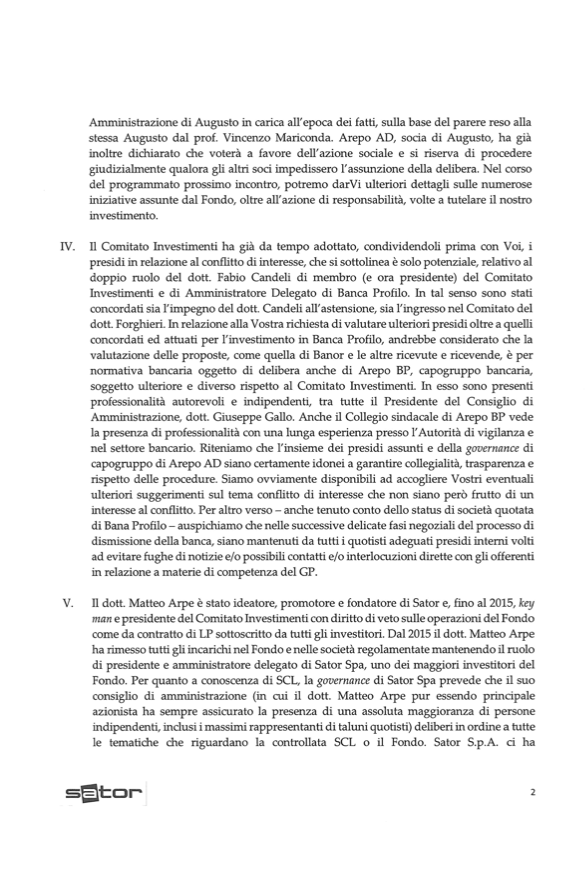 Sator, i bankers replicano ai quotisti: no ad attacchi pretestuosi su Profilo Sator, i bankers replicano ai quotisti: no ad attacchi pretestuosi su Profilo