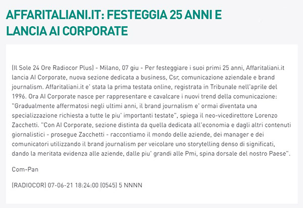 Affari Italiani fa notizia: la rassegna stampa sui 25 anni e AI Corporate Affari Italiani fa notizia: la rassegna stampa sui 25 anni e AI Corporate