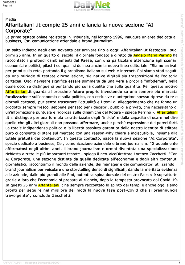 Affari Italiani fa notizia: la rassegna stampa sui 25 anni e AI Corporate Affari Italiani fa notizia: la rassegna stampa sui 25 anni e AI Corporate