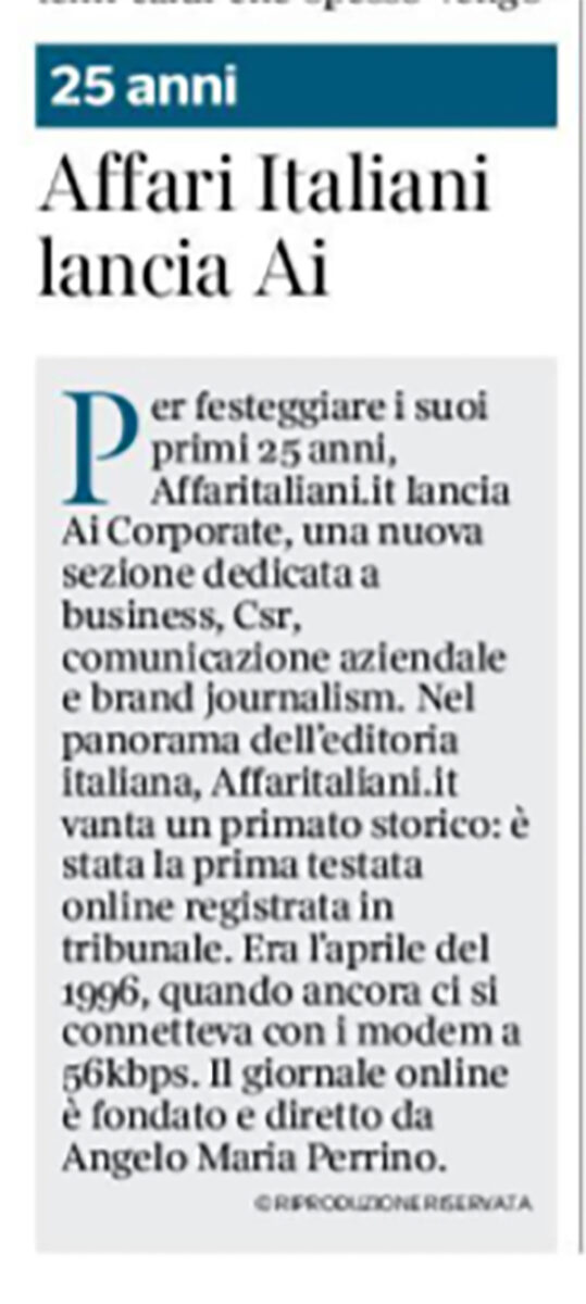 Affari Italiani fa notizia: la rassegna stampa sui 25 anni e AI Corporate Affari Italiani fa notizia: la rassegna stampa sui 25 anni e AI Corporate