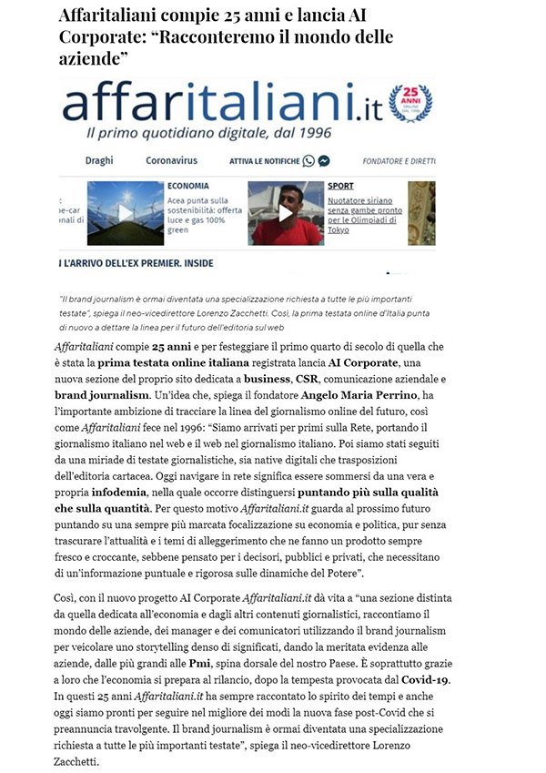 Affari Italiani fa notizia: la rassegna stampa sui 25 anni e AI Corporate Affari Italiani fa notizia: la rassegna stampa sui 25 anni e AI Corporate