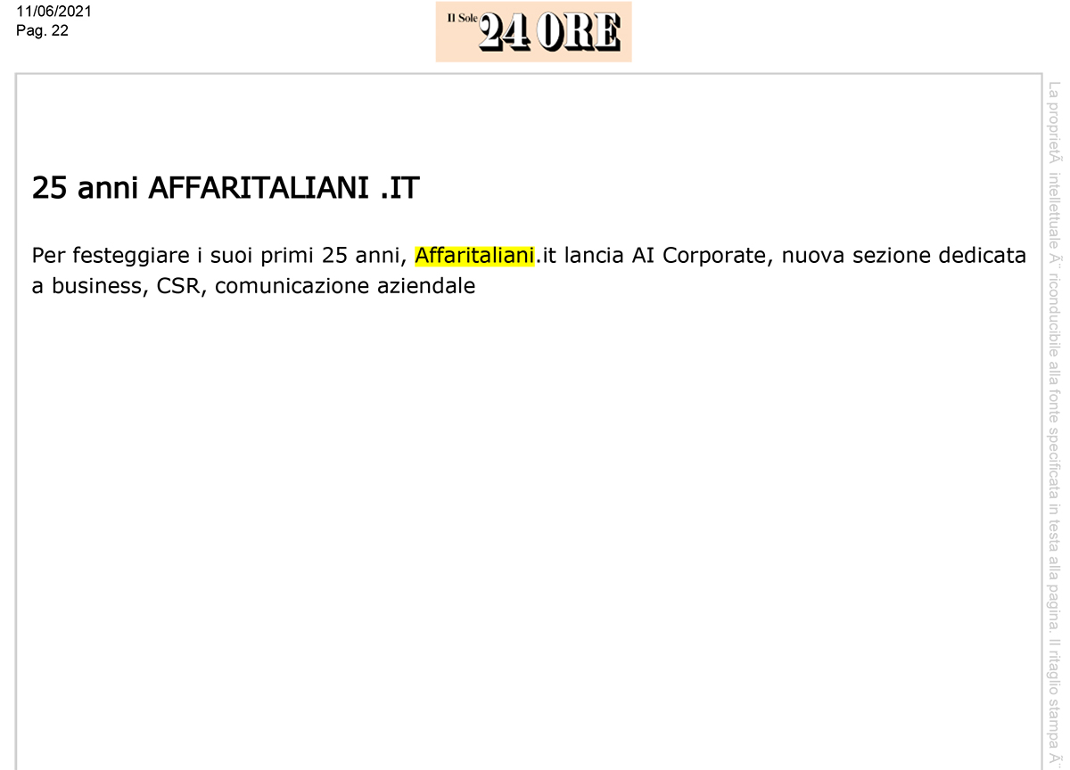 Affari Italiani fa notizia: la rassegna stampa sui 25 anni e AI Corporate Affari Italiani fa notizia: la rassegna stampa sui 25 anni e AI Corporate