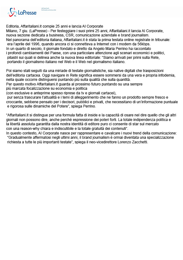 Affari Italiani fa notizia: la rassegna stampa sui 25 anni e AI Corporate Affari Italiani fa notizia: la rassegna stampa sui 25 anni e AI Corporate